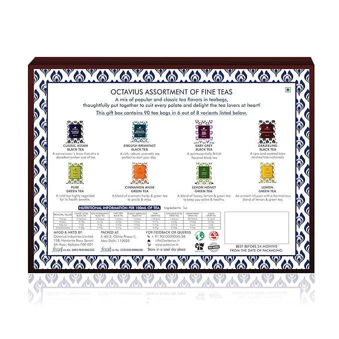 Octavius Gift's Select - Assorted Tea in Elephant Printed Wooden Box | 6 Flavors, 90 Tea Bags | Black & Green | Tea Gifts for Women & Men | Tea Variety Pack Gift Box