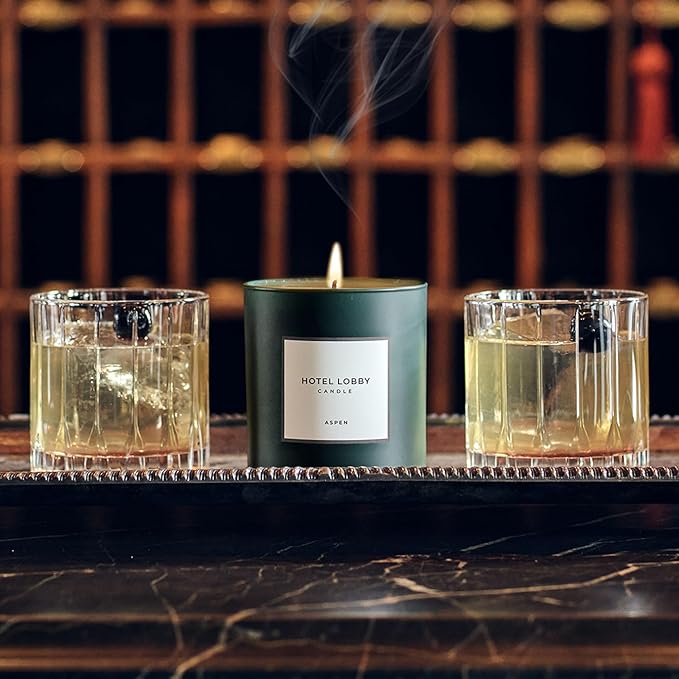 Hotel Lobby Aspen Candle – Luxury Hand-Poured 9.75oz Soy Wax with Cedarwood, Leather, Golden Embers, Smoke, and Pine – Infused with Essential Oils, 65-Hour Burn Time, Reusable Vessel, Clean Burn