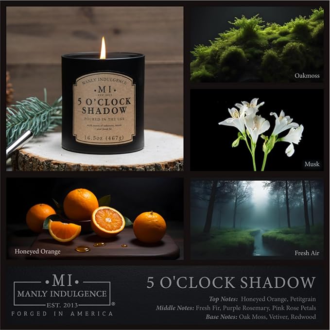 Manly Indulgence 5 O'Clock Shadow Scented Candles for Men, 16.5 oz Single Wick, Premium Soy Blend Wax, 60H Burn, Candles for Home Scented – Made in The USA