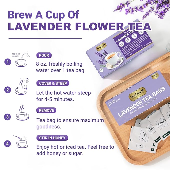 LeafLea 40 Premium Lavender Tea Bags, Natural Lavender Flowers, Lavendar Herbal Tea with Delicate Floral Aroma & Smooth Flavor, Relaxing Evening Infusion, No Caffeine, No Sugar, Individually Wrapped