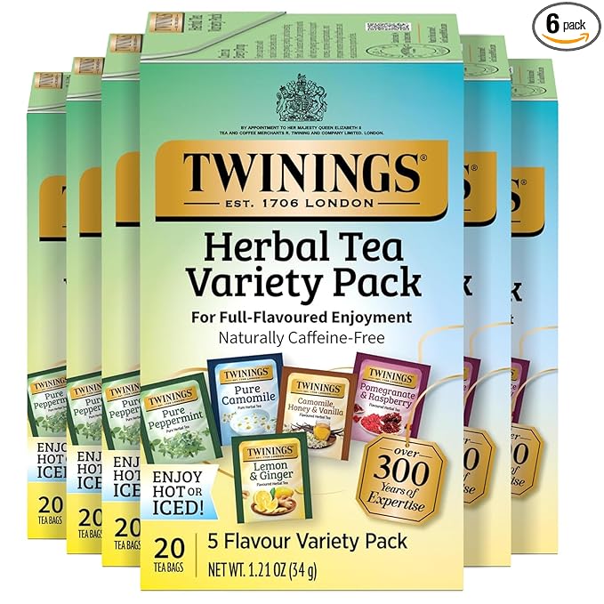Twinings Herbal Tea Variety Pack, 20 Count (Pack of 6), Formerly Assorted Herbal, Includes 5 Flavours, Naturally Caffeine-Free, Enjoy Hot or Iced, 120 Teabags