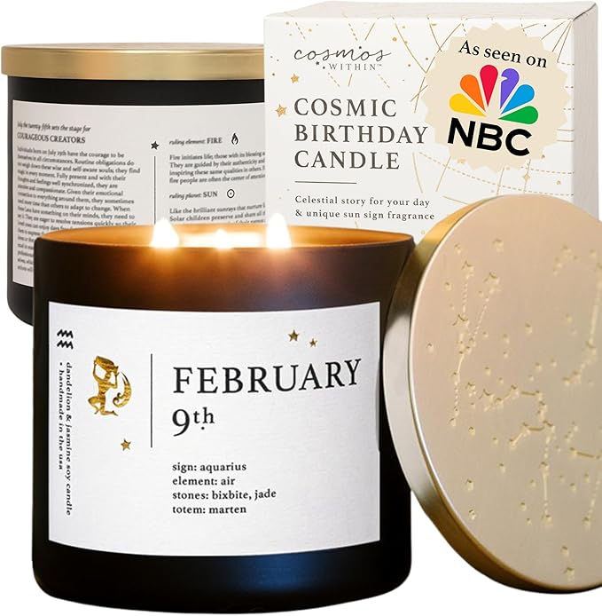 February 9th Personalized Zodiac Candle | Inspirational Astrology Reading and Daily Affirmation for Your Birthdate | Handmade Aquarius Candles | Astrology Birthday Gifts for Women
