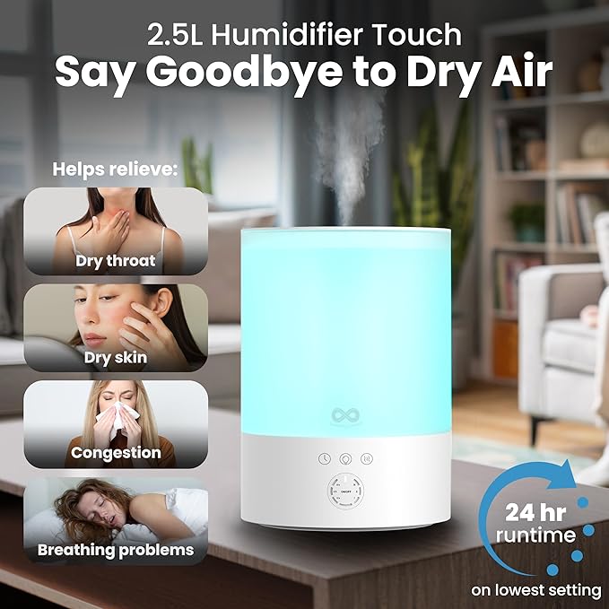 Everlasting Comfort 2.5L Top Fill Humidifier for Bedroom – Quiet, Easy to Fill & Clean, 24HR Runtime, Night Lights, Timer, Ultrasonic Cool Mist, Auto Shut-Off, Essential Oil Diffuser - White