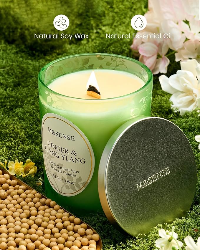 M&SENSE Ginger Ylang Ylang Scented Candle, Cracking Wooden Wick Soy Wax, 18oz 100 Hours Long Lasting Clean Burn, Large Jar Candles for Home Decor, Non-Toxic Relaxing Aromatherapy Gifts for Women