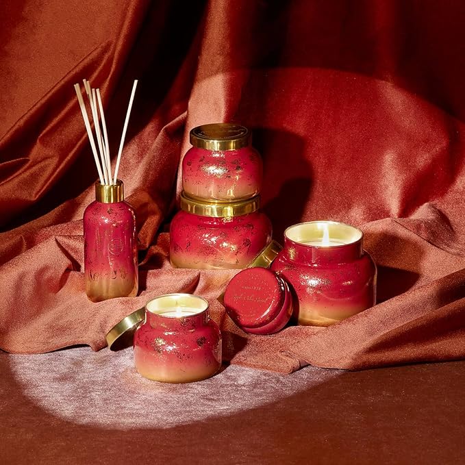 Capri Blue Glimmer Petite Signature Jar Candle - Apple Cider Social Scented Candle with Ombre Glass Candle Holder - Luxury Aromatherapy Candle - Red and Gold (8 oz)