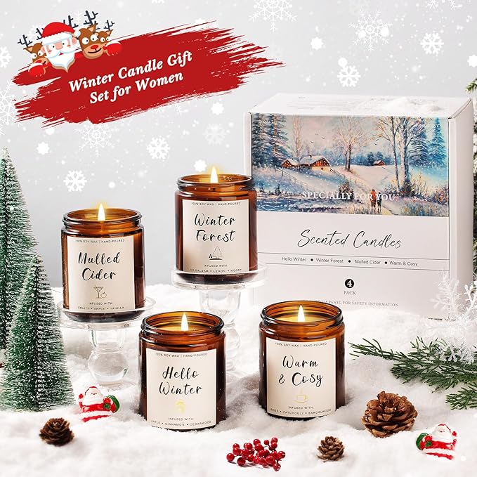 Winter Scented Candle Gift Set for Women – 4 Pack Soy Candles with Apple Cinnamon, Fir Balsam, Mulled Cider, Sandalwood – 200 Hour Burn Time, Holiday Gifts for Her, Home Decor & Cozy Nights
