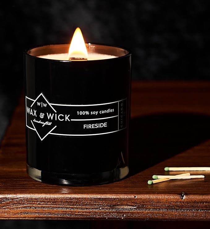 Wax and Wick 12oz Scented Candle for Men, 100% Soy Wax, Double Wood Wick, Black Jar, Fireside Scent, Long Lasting, Masculine Scents, Perfect for Home, Mancave, Bachelor Pad, Men's Gift - Made in USA