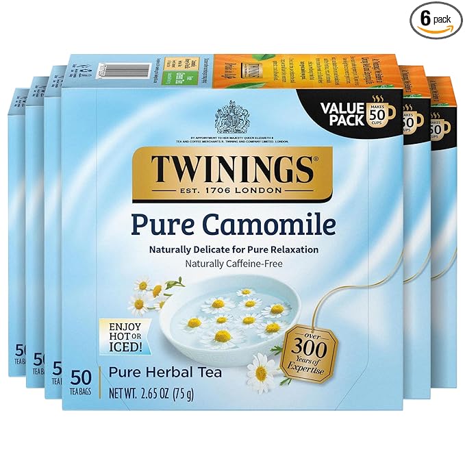 Twinings Pure Camomile Herbal Tea individually Wrapped Bags, 50 Count (Pack of 6), Naturally Caffeine-Free, Enjoy Hot or Iced, 300 Teabags