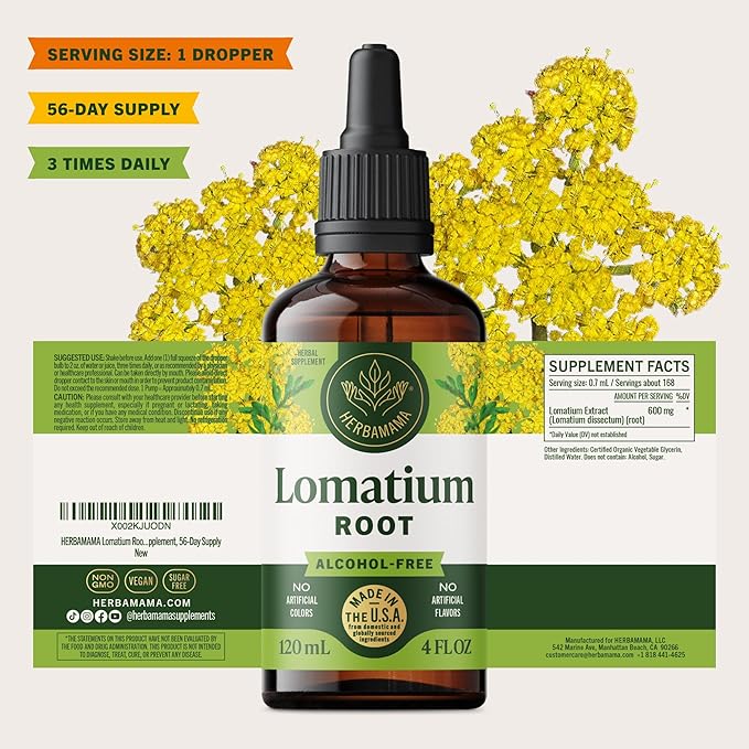 HERBAMAMA Lomatium Root Tincture - Vegan Lomatium Dissectum Extract for Lung Cleanse & Detox - Non-GMO, Alcohol & Sugar-Free Respiratory Lung Support Supplement, 56-Day Supply