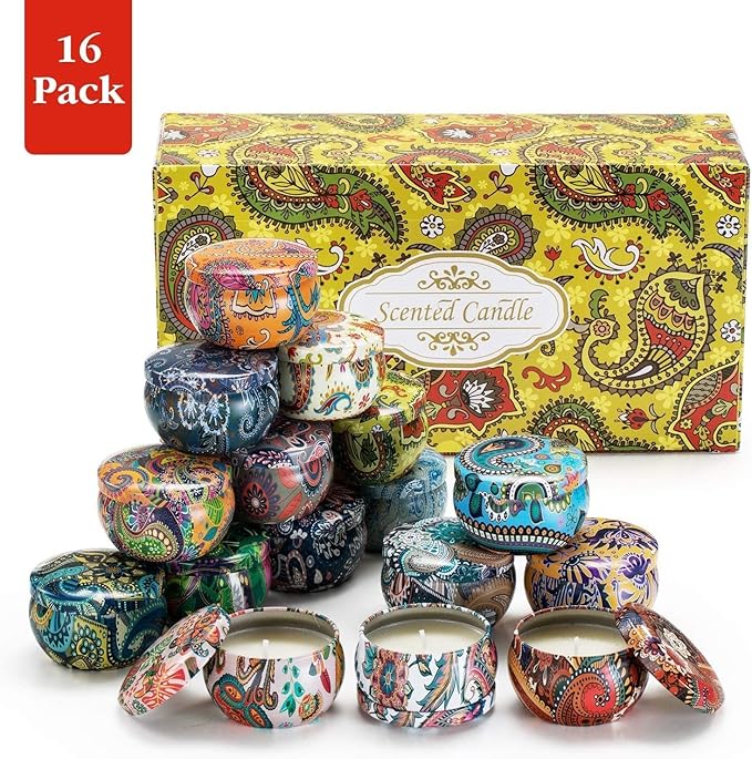 Set of 16 Small Scented Candles Soy Wax Aromatherapy Candles 2.5 OZ Portable Tin Candles with Lid, Relaxation Gifts Basket for Mother, Women, Friends and Coworkers