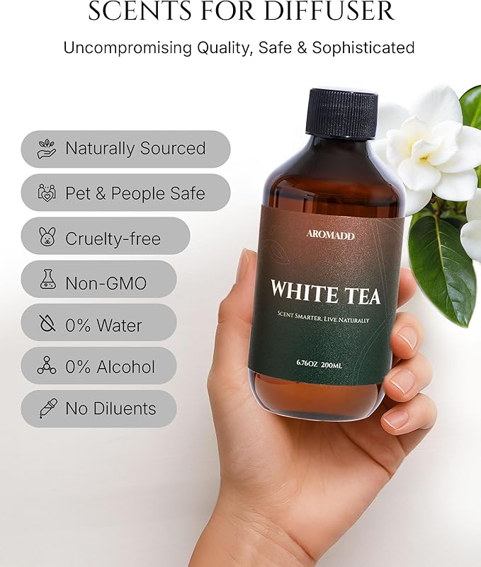 Aromadd White Tea Diffuser Oil Inspired by Luxury Hotel Scent, Essential Oils for Waterless Diffuser, White Tea & Bergamot, Long-Lasting & Natural Home Fragrance - 6.76 fl oz (200 mL)