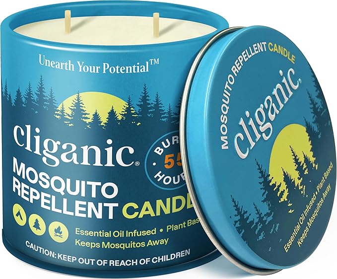 Cliganic Natural Mosquito Repellent Candle (Large 16oz) | Citronella, DEET Free, Essential Oil Infused for Outdoor, Camping | Burns 55 Hours