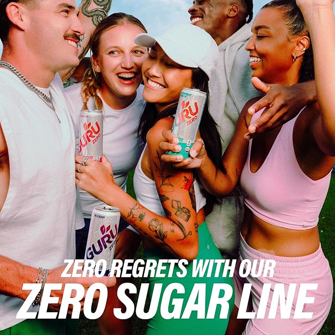 GURU ZERO SUGAR Wild Ruby Red Organic Energy Drinks, Clean Energy Drink with Plant Based Natural Caffeine from Green Tea, Coconut Water, Prebiotic, Zero Added sugars, Gluten Free and Vegan, Pre Workout, Healthy Drinks, 12oz (Pack of 24)
