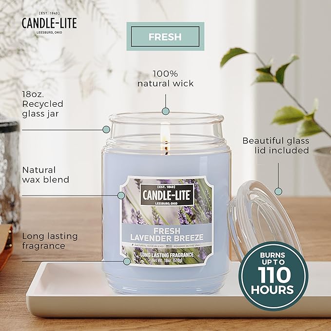 Candle-lite Scented Candles, Fresh Lavender Breeze, 18 oz Jar, Proudly Poured in The USA, Aromatherapy Candle, Single-Wick with 110 Hours of Burn Time, Perfect for Creating a Relaxing Ambiance
