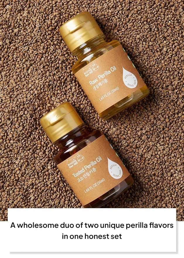 Korean Food Perilla Oil Mini Set (2 × 1.69 fl oz / 50 ml), Raw & Nutty Cold-Pressed Perilla Oils from 100% Korean Perilla Seeds, 냉온압착 들기름