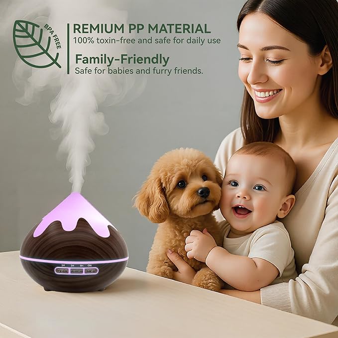 500ML Essential Oil Diffuser, Aromatherapy Diffuser with Remote Control, Multifunctional Air Diffusers for Home Office Room, Fragrance Aroma Diffuser with 7 Color LED & 2 Mist Mode, Dark Brown