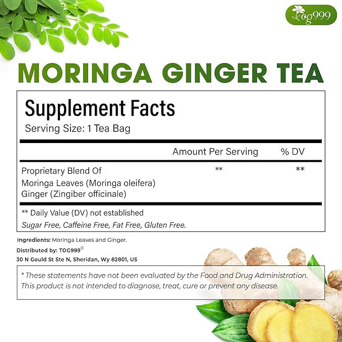 TOG999, Permium Moringa Ginger Herbal Tea – 60 Tea Bags – Caffeine-Free, Smooth & Warming Blend – Pure Ingredients, Sustainably Sourced. No Sugar. No Gluten. Vegan.