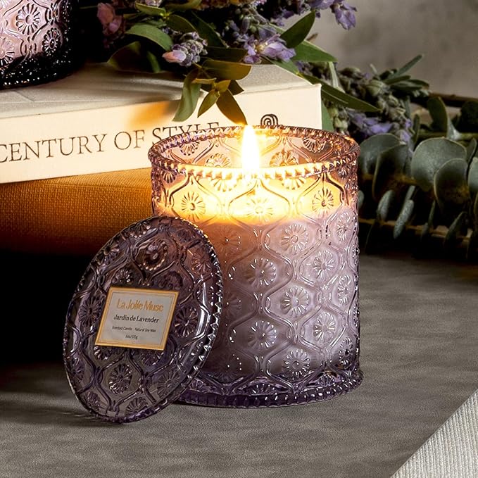 LA JOLIE MUSE Jardin de Lavender Scented Candle - Coconut, Lavender & Sandalwood | 6 oz Natural Soy Wax | 40 Hours Clean Burn | Aromatherapy Candle for Relaxation | Elegant Home Decor