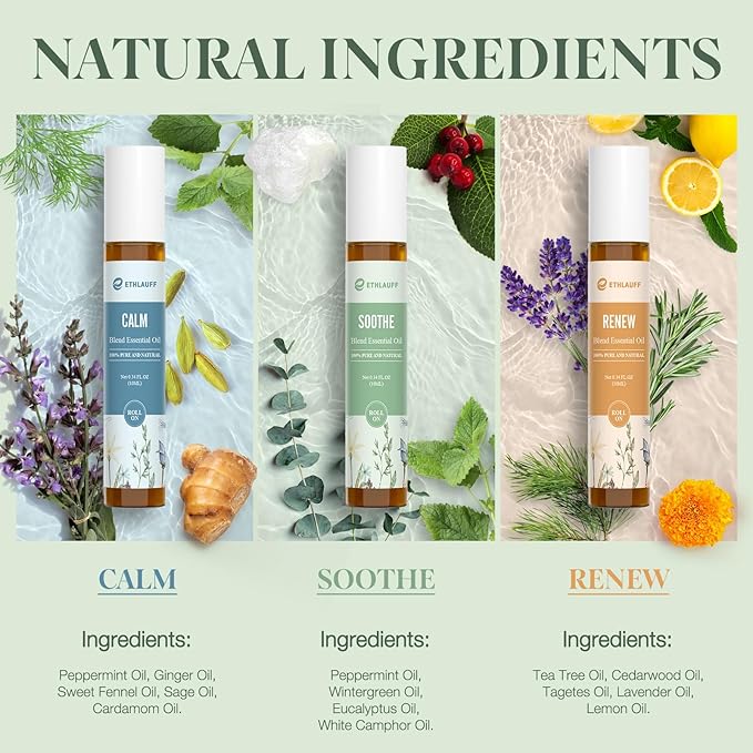 Essential Oil Roll On Set, (Calm,Renew,Dream,Head Relief), Aromatherapy Roll On Blends for Massage, Body Care & Home Use, Stress Relief Gift Men & Women