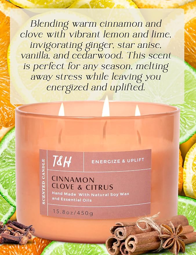 Cinnamon Clove & Citrus 3-Wick Soy Scented Candle, 15.8 oz Large Jar, Spiced Orange Clove Aromatherapy Candle, Winter Home Fragrance, Long Lasting, Clean Burning