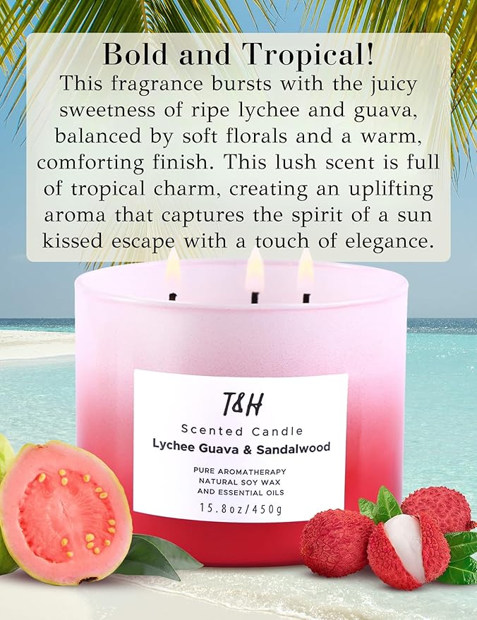 Lychee Guava Sandalwood 3-Wick Soy Scented Candle, 15.8 oz Large | Tropical Fruity Candle for Home | Aromatherapy Candle | Highly Scented, Clean Burning, Long Lasting