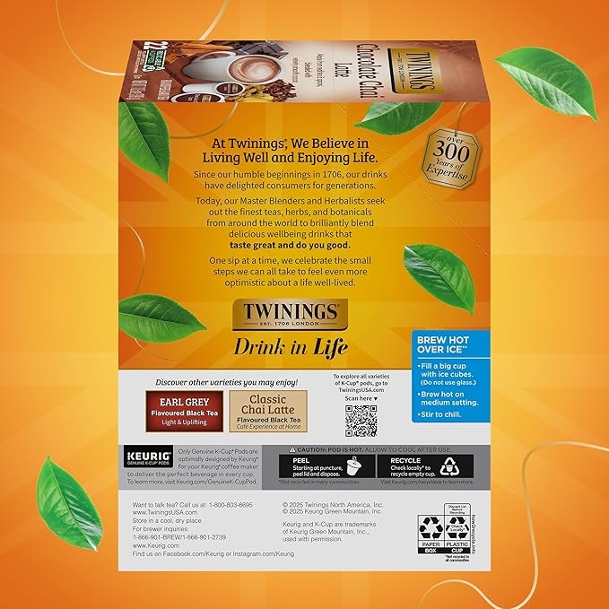 NEW Twinings Chocolate Chai Latte Tea K-Cup Pods for Keurig, 22 Count (Pack of 1), Velvety Smooth Cocoa with Real Spiced Tea, Caffeinated, Enjoy Hot or Iced