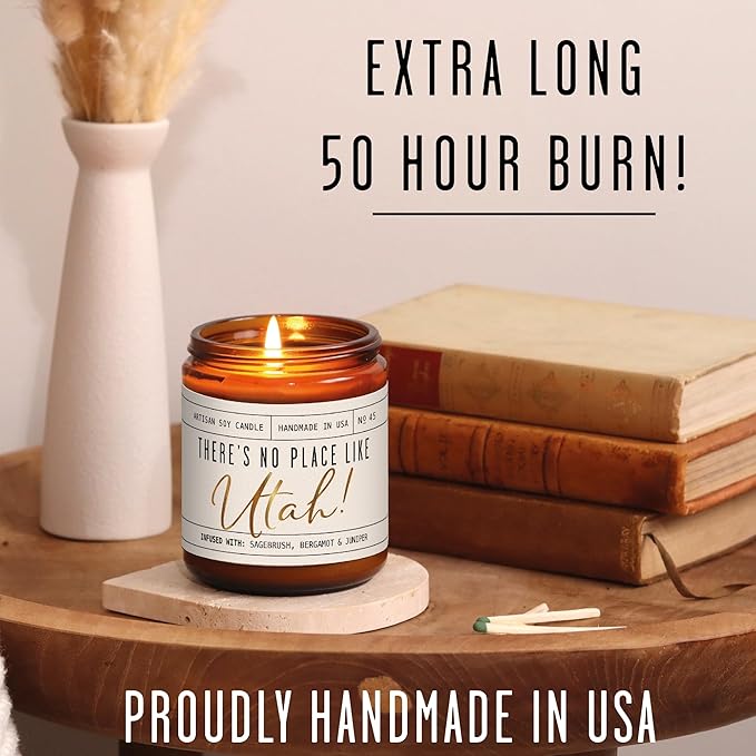 Utah Gifts, Utah Decor for Home - 'There's No Place Like Utah Candle, w/Sagebrush, Bergamot & Juniper I Utah Souvenirs I Utah State Gifts I 9oz Jar, 50Hr Burn, USA Made