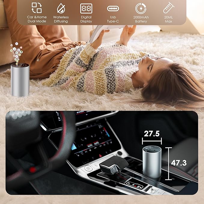 Essential Oil Diffuser with 3 Spray Modes, Battery Operated, LED Timing Display, Aromatherapy Diffuser, 1/4/8-Hour Timer, 10ml Oil Bottle, and 3 Mist Settings for Home, Car (New Silver)