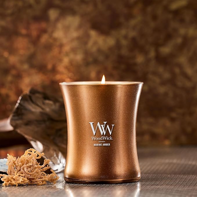 WoodWick Marine Amber Holiday Candle Gifts for Women and Men, 9.7 oz Precious Metals Collection with Crackling Wick