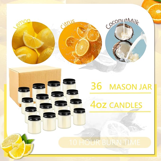 ACITHGL 36 Pcs 4oz Mini Mason Jar Candles Small Scented Candles Bulk Aromatherapy Ideal Souvenir Favors for Wedding Birthday Party (Lemon, Citrus, Coconut Milk, Black)