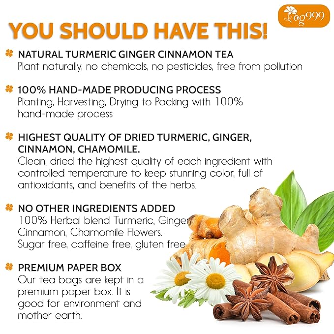 TOG999, Turmeric Ginger Cinnamon Tea Bags | 120 Count | Herbal Blend with Turmeric, Ginger, Cinnamon Stick & Chamomile Flowers for Relaxation | Naturally Flavorful, Caffeine-Free | Packed in Paper Box