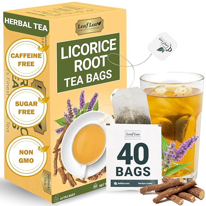 LeafLea 40 Premium Licorice Root Tea Bags, 100% Pure Licorice Spice Tea, Herbal Infusion to Digestive Comfort & Promote Respiratory Health, Te De Regaliz, Caffeine-Free, Sugar-Free, Soothing Flavor