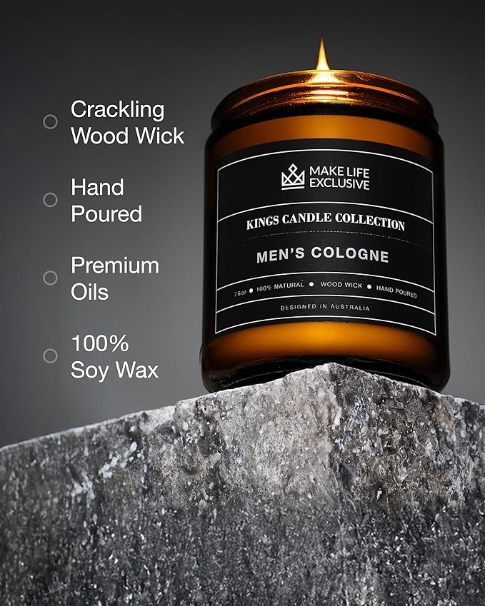 Scented Candles for Men | Men's Cologne, Amber Sandalwood Scent | Wooden Wick, Long Lasting, Masculine Scents | Natural Soy Jar Candle for Home, Bacehlor Pad Decor | The Perfect Mens Gift