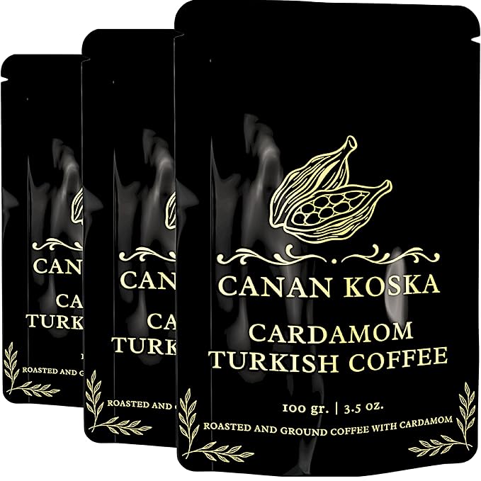 Canan Koska Cardamom Turkish Coffee - Premium Ground Coffee With Natural Cardamom Grounds, Medium Roast, Traditional Ottoman Recipe - 3.5oz (100g) - Pack Of 3