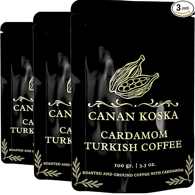 Canan Koska Cardamom Turkish Coffee - Premium Ground Coffee With Natural Cardamom Grounds, Medium Roast, Traditional Ottoman Recipe - 3.5oz (100g) - Pack Of 3