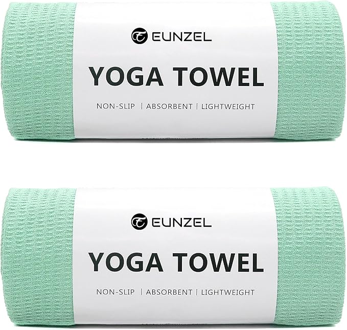 Eunzel 2 Pack Hot Yoga Towel, Non-Slip Yoga Mat Towel with Grip Dots Stickyfiber Sweat Absorbent Towel for Hot Yoga, Pilates and Workout 72" x 24", Green
