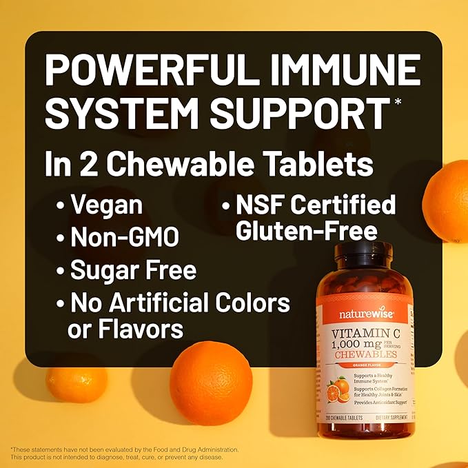 NatureWise Extra Strength Vitamin C Chewable 1000mg for Adults - Natural Orange Flavor - Immune System & Antioxidant Support - Non-GMO, Vegan & Sugar Free - 90 Chewable Tablets[45-Day Supply]