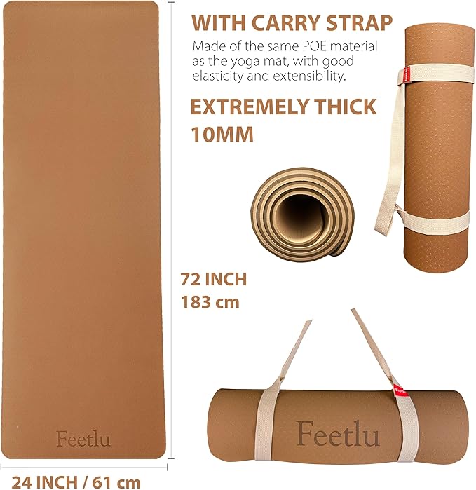 Feetlu Extra Thick Exercise Yoga Mat with Strap - 2/5 Inch (10MM), Non-Slip Workout Mat for Yoga, Pilates, and Floor Exercises