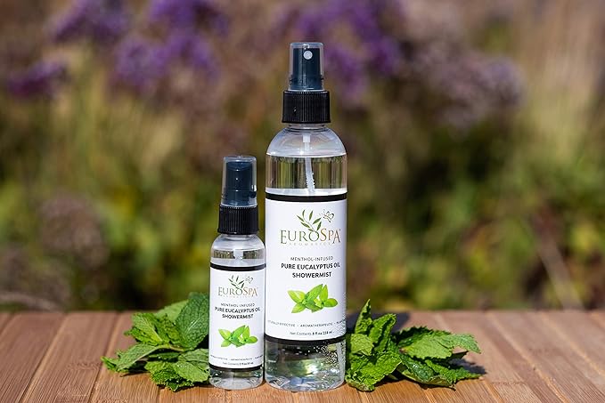 EuroSpa Aromatics Pure Eucalyptus Oil ShowerMist and Steam Room Spray, All-Natural Premium Aromatherapy Essential Oils - Menthol Infused, 8oz, 2 Pack