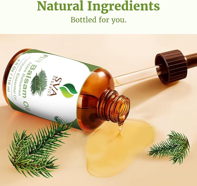 SVA Fir Balsam Essential Oil Organic – 4 Fl Oz – 100% Natural Organic Fir Oil - for Diffuser, Hair Care, Face, Skin Care, Aromatherapy, Scalp and Body Massage, Soap and Candle Making – with Dropper