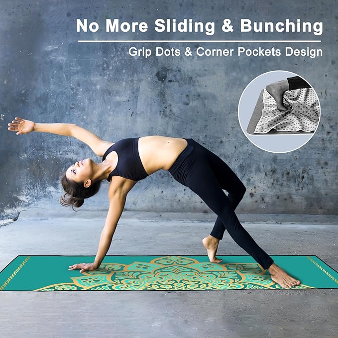 Colorful Star Yoga Towel with Corner Pockets, Non Slip Grip Dots Sweat Absorbent Hot Yoga Mat Towels, Yoga Blankets with Travel Bag, Mat Cover for Workout, Gym, Fitness - 70"x26", Turquoise Mandala