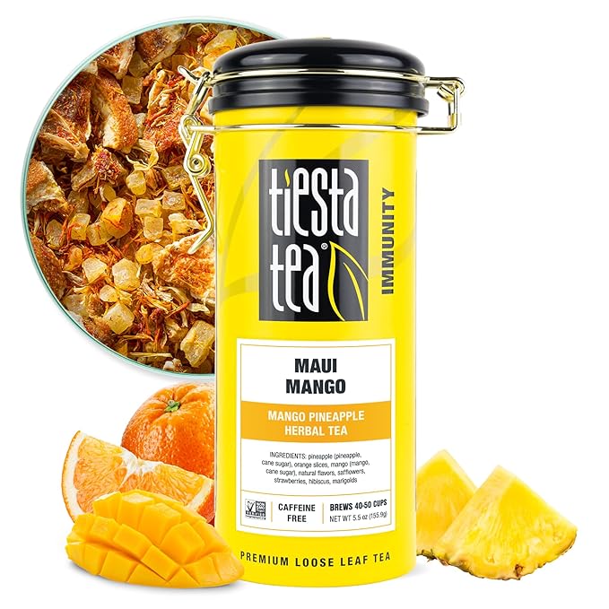 Tiesta Tea Maui Mango, Loose Leaf, Mango Pineapple Herbal Tea, Premium Non-Caffeinated Fruit Blend, Makes Hot or Iced & Brews Up to 50 Cups, 5.5 Ounce Refillable Tin