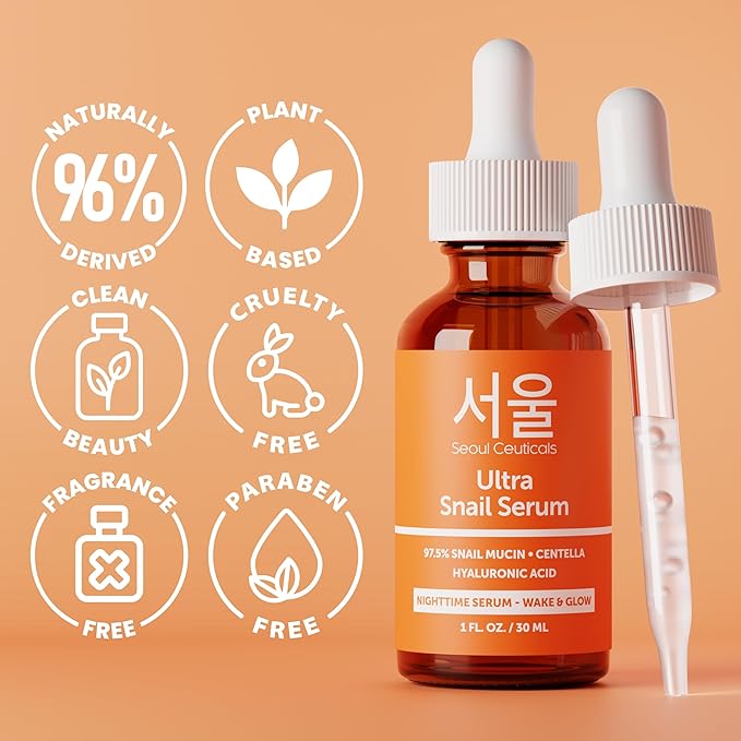 SeoulCeuticals Korean Skin Care 97.5% Snail Mucin Serum – K Beauty Skincare Anti Wrinkle Cica Night Serum Hyaluronic Acid for Face 1oz