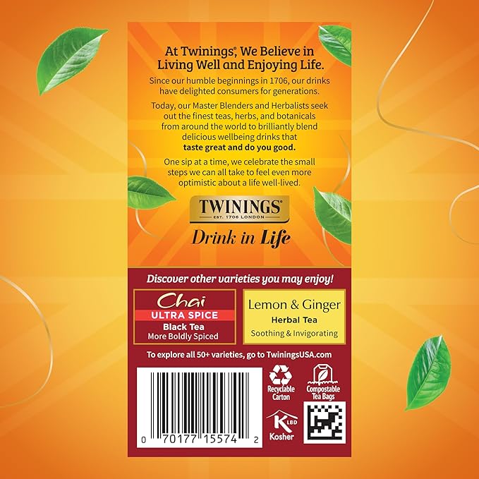 Twinings Chai Black Tea Individually Wrapped Bags, 20 Count (Pack of 6), Sweet, Savoury Spices, Caffeinated, Enjoy Hot or Iced, 120 Teabags