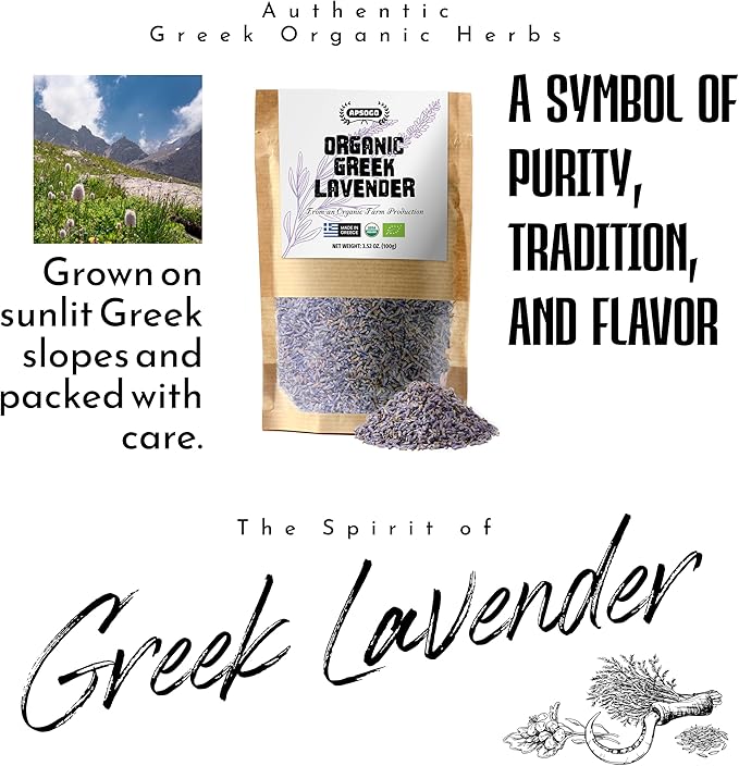 Apsogo Organic Greek Lavender – Premium Dried Flowers (1.76 oz), Organic Herbal Lavender Tea & Culinary Use, Whole Buds in Resealable Pouch