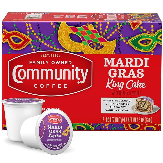 Community Coffee Mardi Gras King Cake Flavored 12 Count Coffee Pods, Medium Roast, Compatible with Keurig 2.0 K-Cup Brewers, 12 Count (Pack of1)