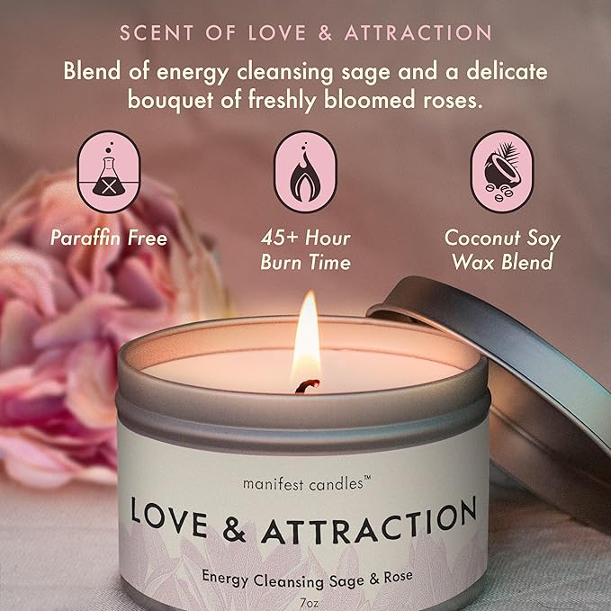 Love Candle to Attract Love, 45 Hour Burn, Sage & Rose Candle, Romantic Candles, Spiritual Meditation Candles with Manifestation Crystals Bracelets for Women