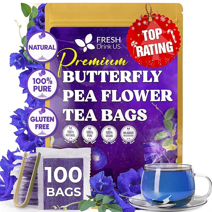 FreshDrinkUS, 100 Premium Butterfly Pea Flower Tea Bags – 100% Pure & Natural | Caffeine-Free Herbal Blue Tea | No Additives, Non-GMO, Made With Natural Material Tea Bag, No Sugar, No Caffeine, No Gluten, Vegan