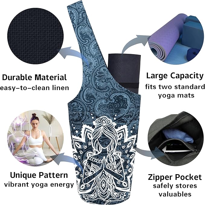 saniwu Yoga Mat Bag Carrier for Women with Side Large Pocket Durable Linen Workout Gym Travel Storage Pilates Mats