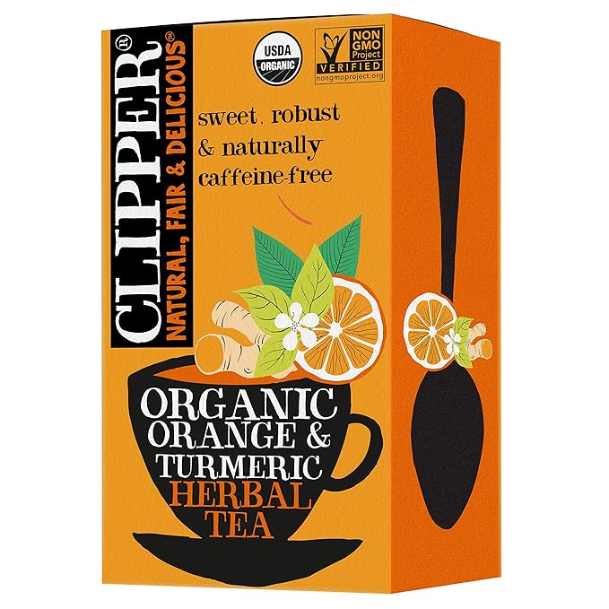Clipper Tea, Orange & Turmeric, Organic Tea with Licorice Root, Orange Peel and Hibiscus, Plant Based Herbal Tea, Caffeine Free British Tea, 1 Pack, 20 Unbleached Tea Bags